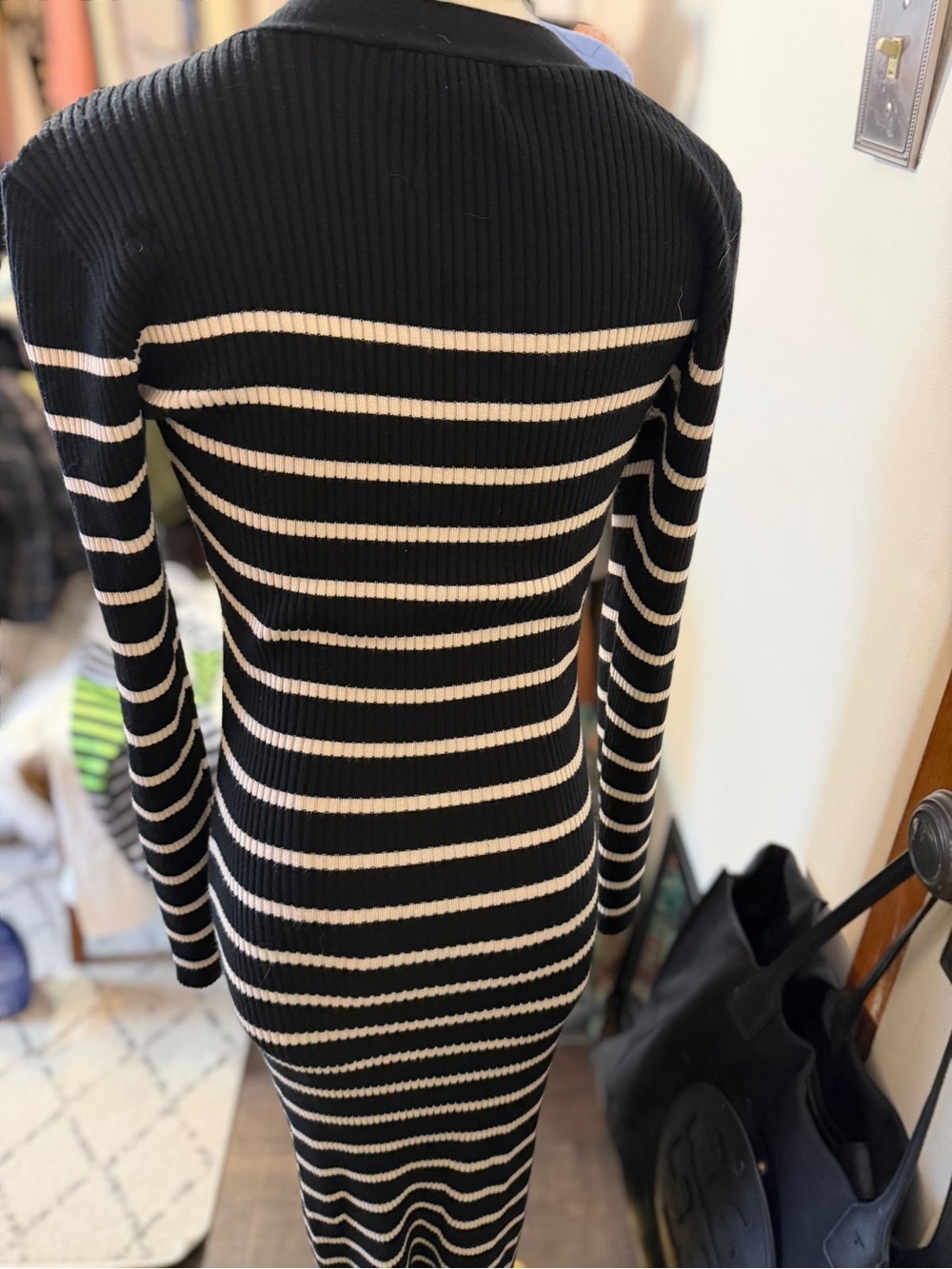 Evereve Black & White Striped Button-Front Ribbed Dress - Picture 3 of 4